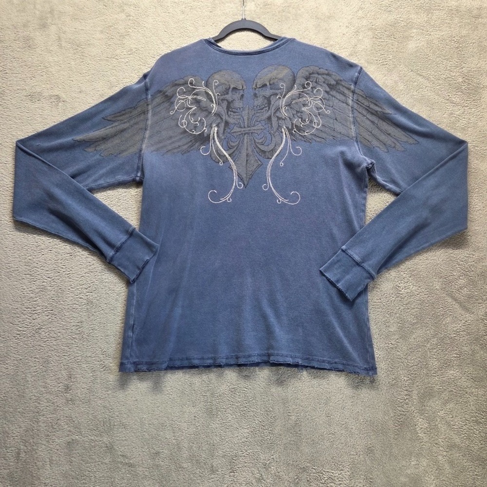 Vintage Affliction Shirt Mens 2XL Blue Thermal Long Sleeve Skulls Y2K Grunge - Picture 1 of 12